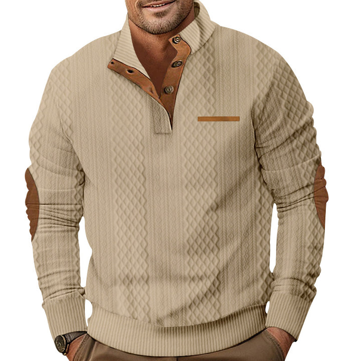 Men's knitted pullover with stand-up collar, button placket and elbow patches Mune Fashion