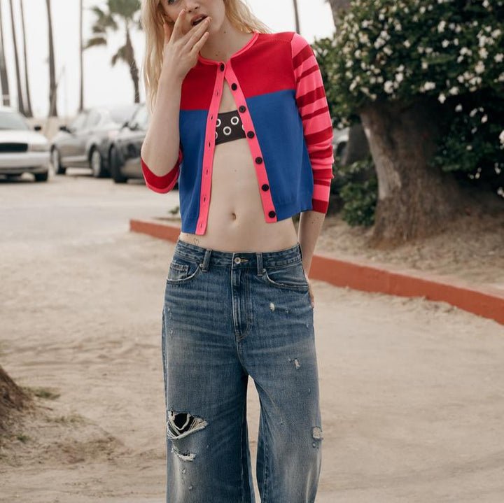 Women’s Knit Cardigan with Colorblock Front and Striped Sleeves Mune Fashion