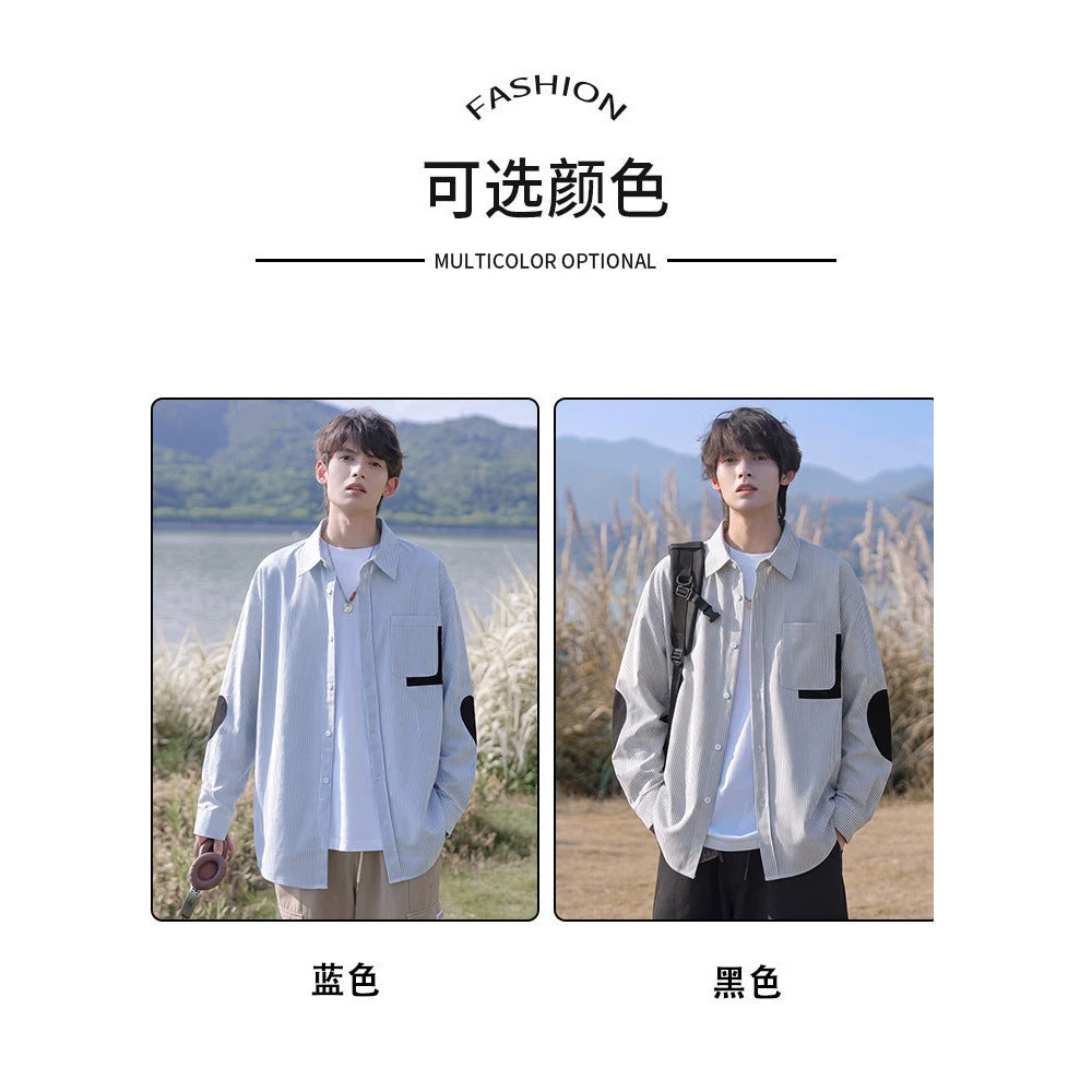 Men's oversized shirt with fine pinstripe, contrast pocket, and elbow patches Mune Fashion