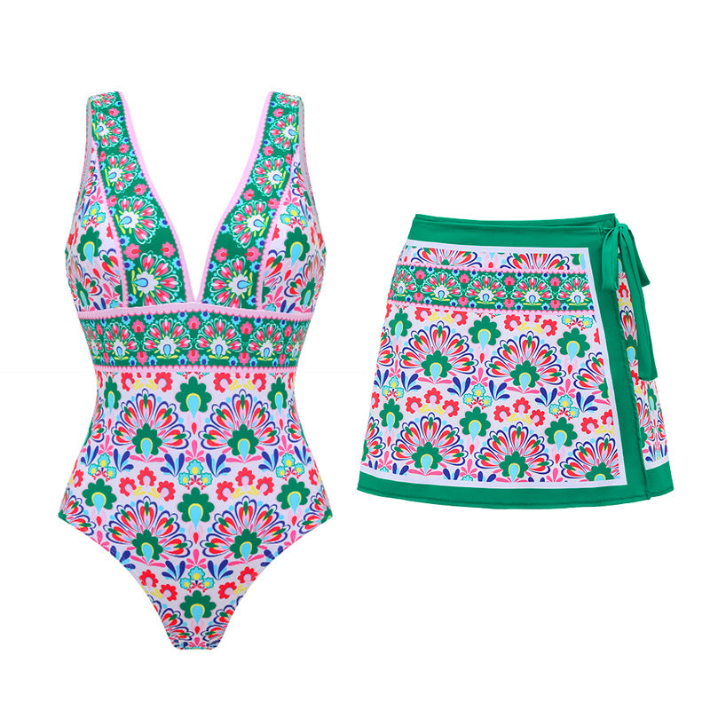 Women's swimsuit with continuous floral pattern and matching wrap skirt Mune Fashion