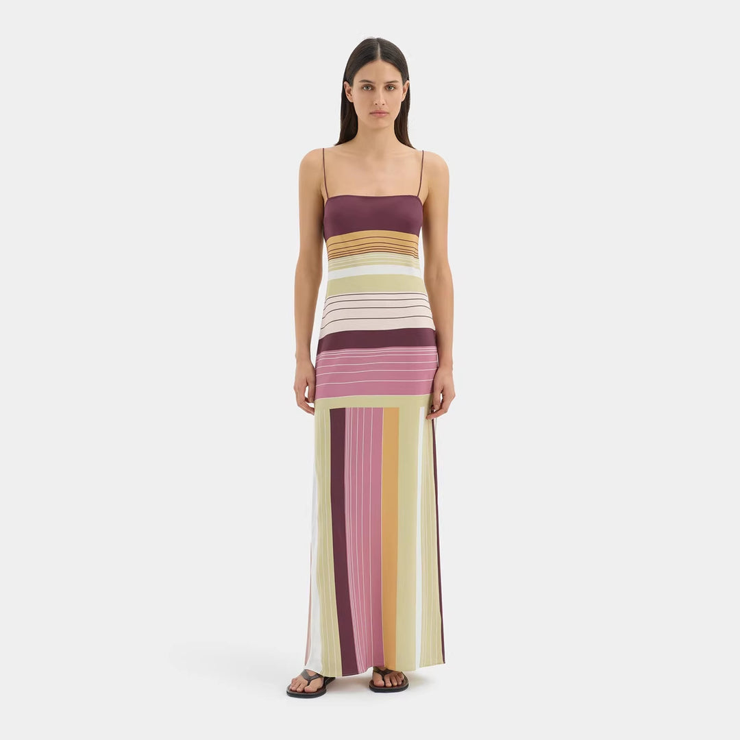 Women's figure-hugging maxi dress with spaghetti straps, straight neckline, panel stripes, and side slit Mune Fashion