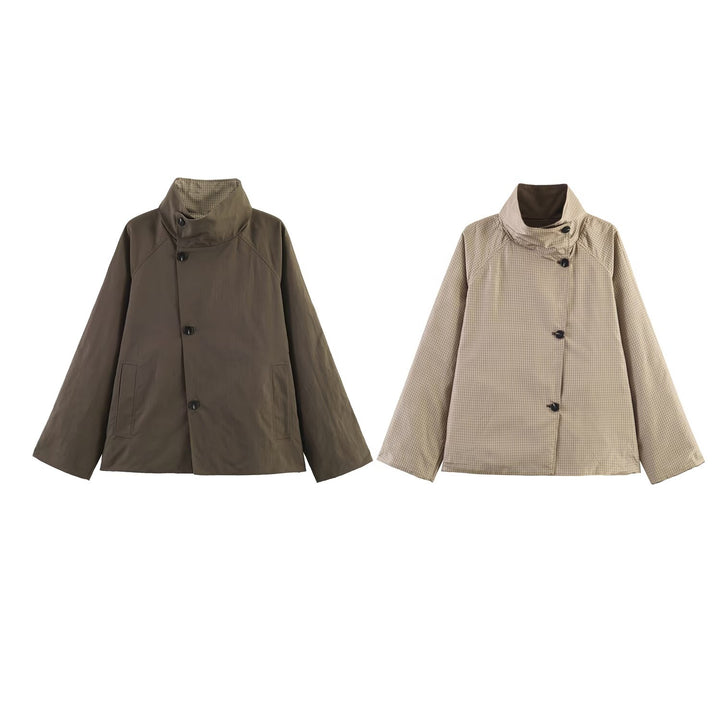 Women's Oversized Short Coat with High Stand Collar, Raglan Sleeves and Concealed Button Placket Mune Fashion