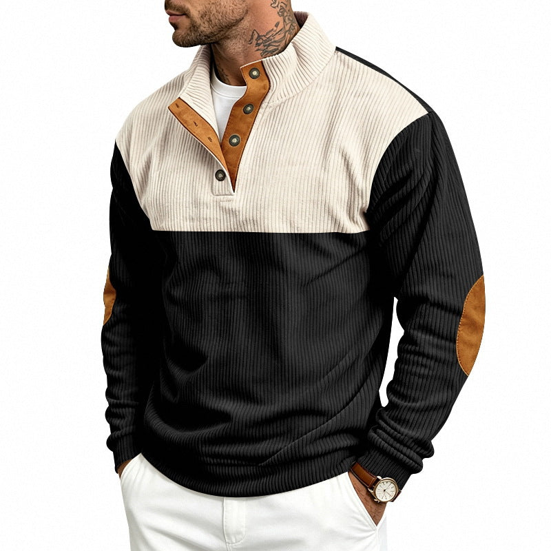 Men's Ribbed Stand-Up Collar Sweater with Button Placket, Contrast Trim and Elbow Patches Mune Fashion