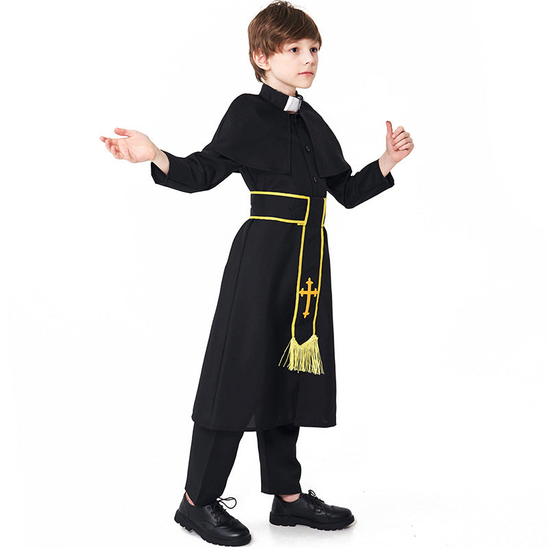 Men's Priest Costume with Cape and Golden Accessories Mune Fashion