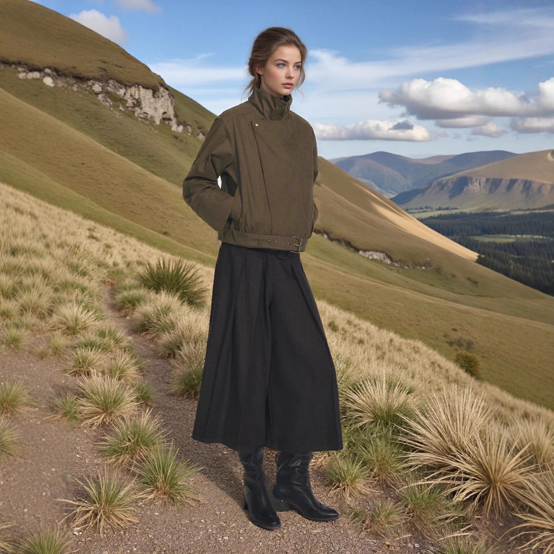 Women's short jacket with high stand-up collar, concealed zipper, and waist belt Mune Fashion