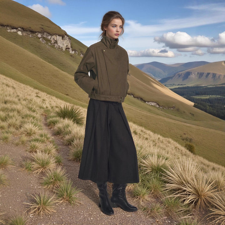 Women's short jacket with high stand-up collar, concealed zipper, and waist belt Mune Fashion
