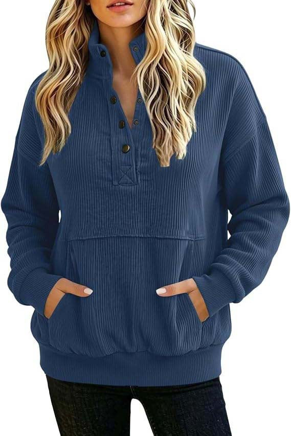 Women's ribbed Henley pullover with stand collar and kangaroo pocket Mune Fashion