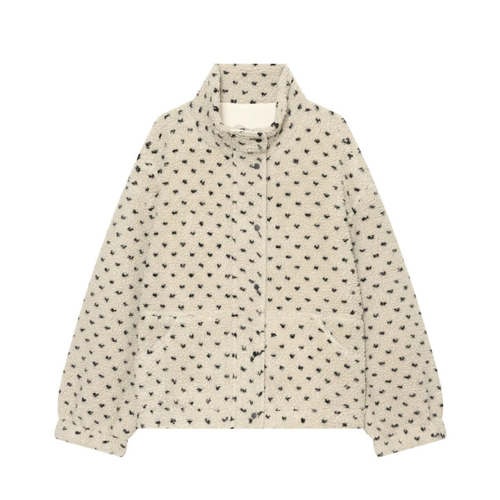 Women Short Teddy Jacket with Stand Collar and Polka Dot Pattern Mune Fashion