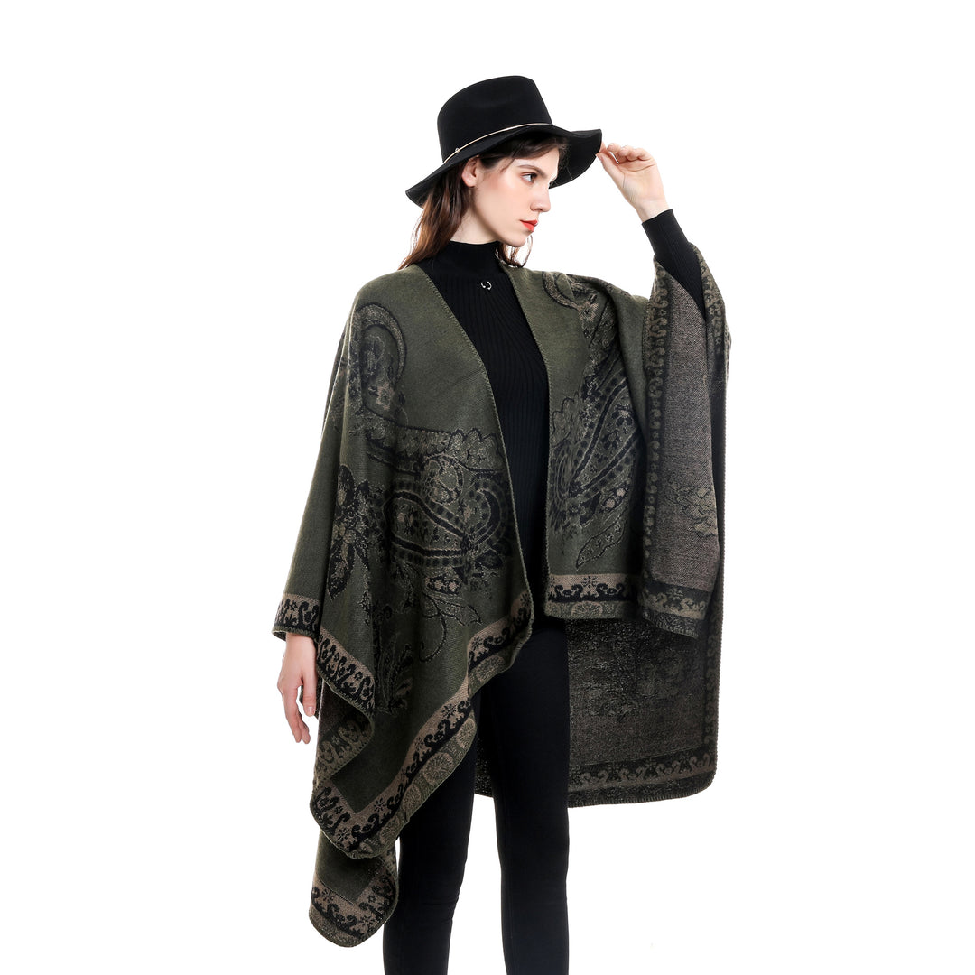 Ladies Elegant Jacquard Poncho with Paisley Pattern and Open Front Mune Fashion