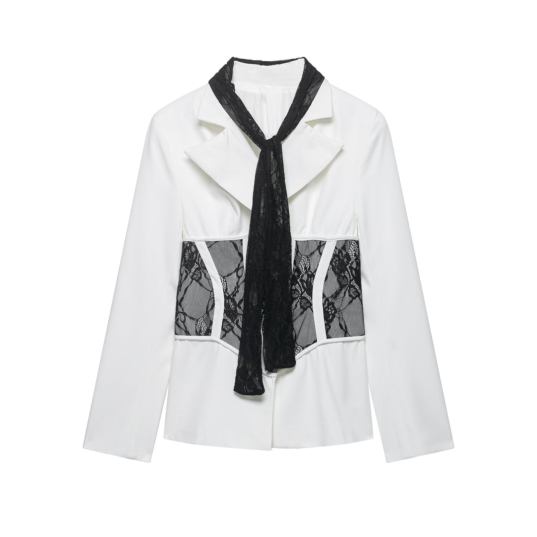 Women Tailored Blazer with Lace Inserts and Integrated Lace Scarf Mune Fashion