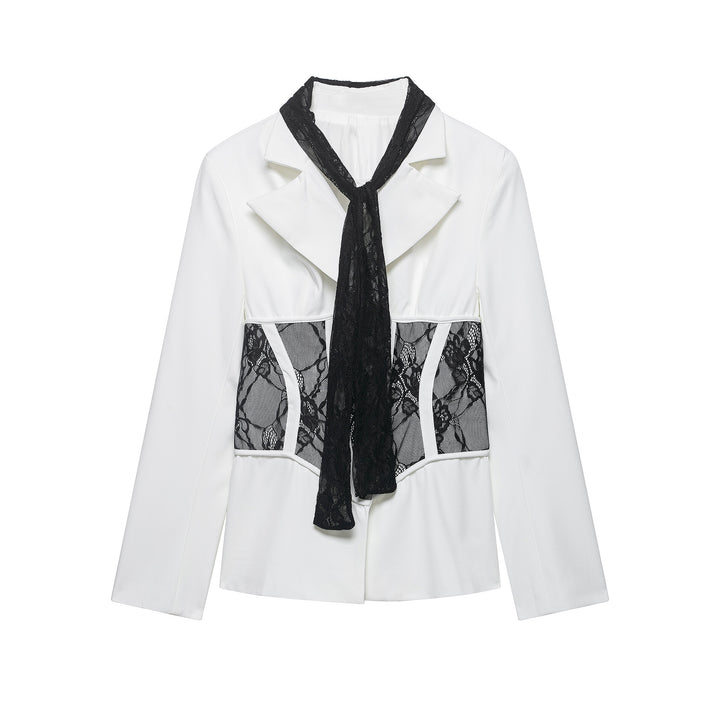 Women Tailored Blazer with Lace Inserts and Integrated Lace Scarf Mune Fashion