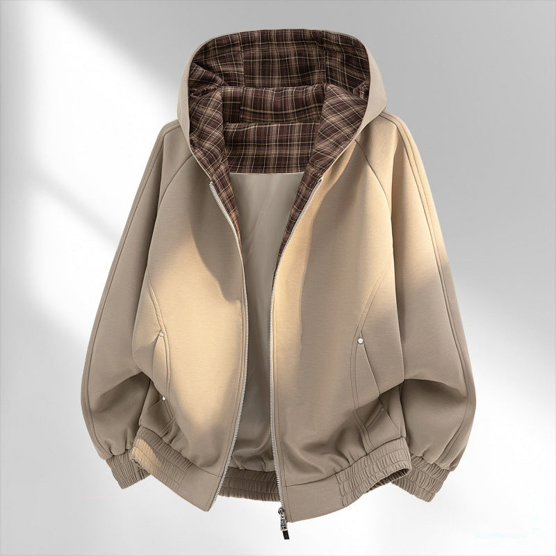 Women's casual sweat bomber with quilted check lining in hood and elastic hem Mune Fashion