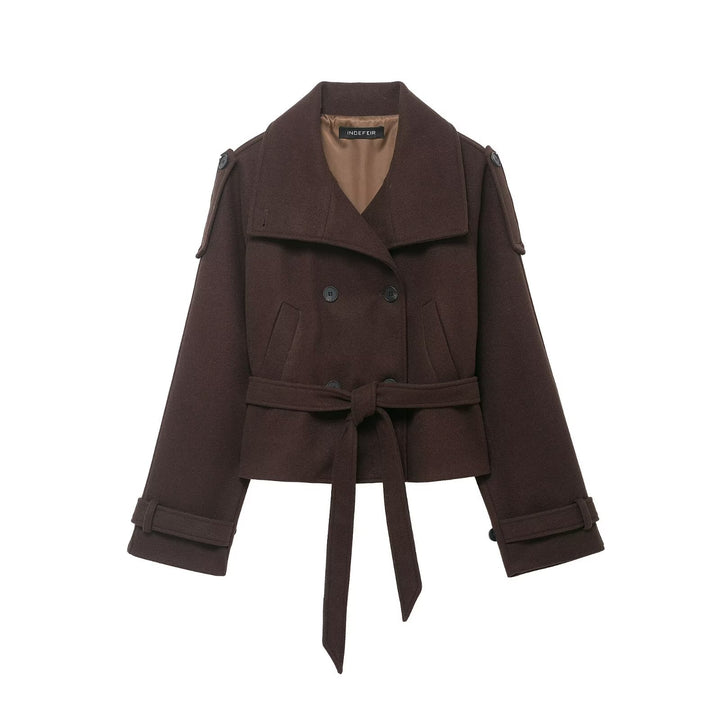 Women's Cropped Wool Blend Short Coat with High Stand-up Collar, Epaulettes, and Waist Belt Mune Fashion