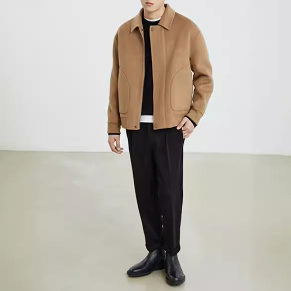 Men's Boxy Wool Blend Zip Jacket with Concealed Button Placket and Round Patch Pockets Mune Fashion