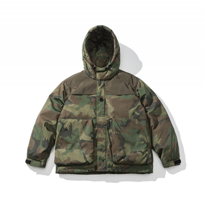 Unisex Boxy-Short-Puffer Jacket in Camouflage-Utility Style with Hood and Concealed Front Placket Mune Fashion