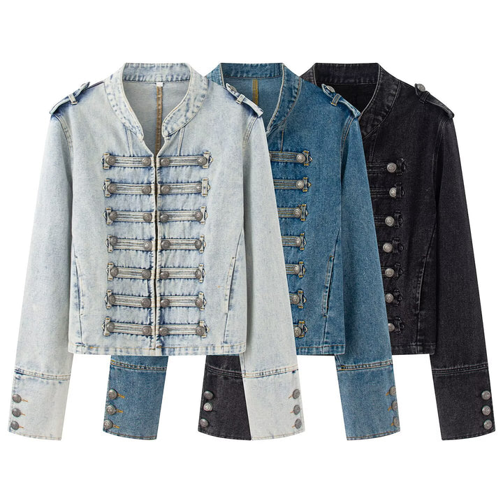 Women’s denim jacket in military style with decorative button placket Mune Fashion