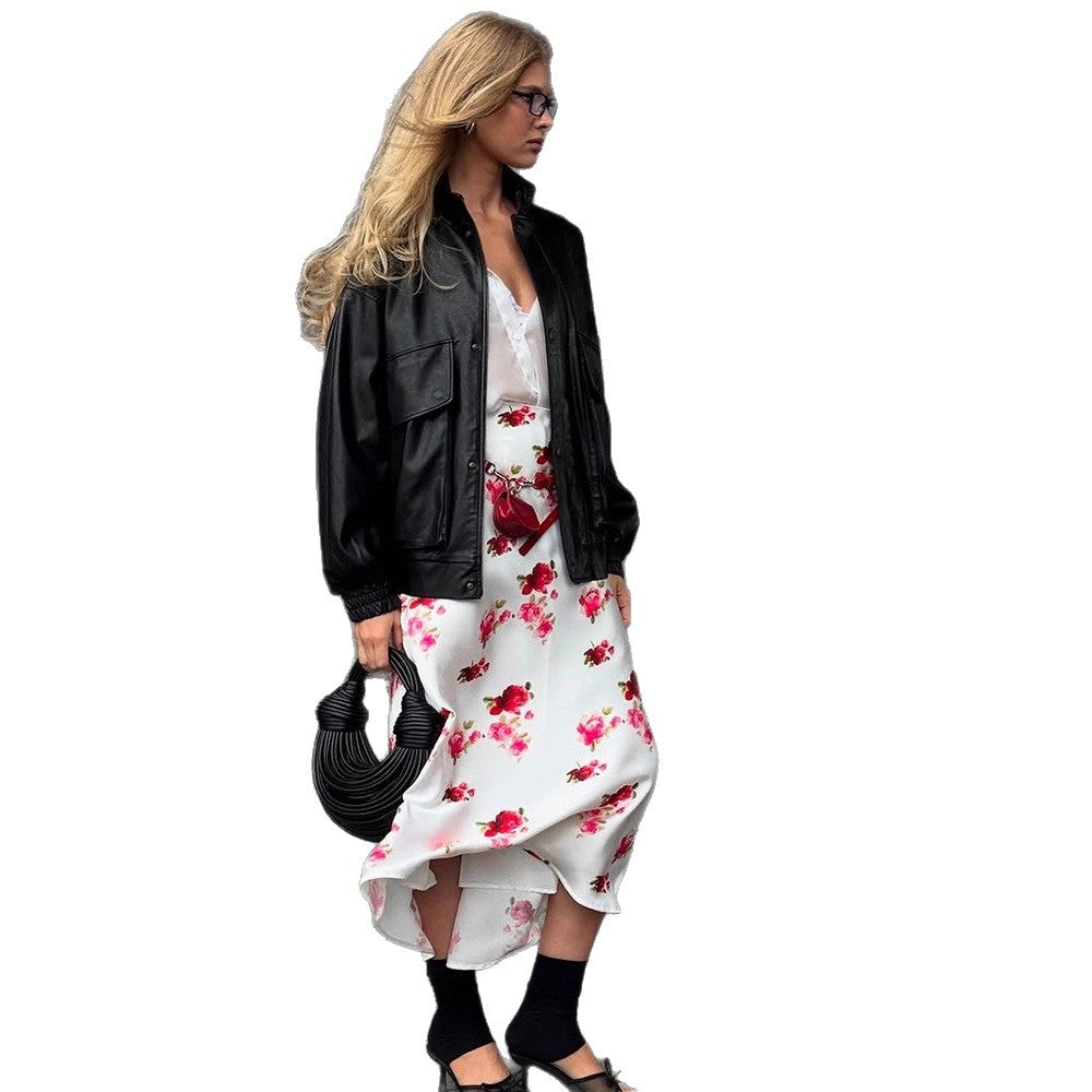 Ladies Boxy Faux Leather Blouson with Stand-up Collar and Gathered Cuffs Mune Fashion