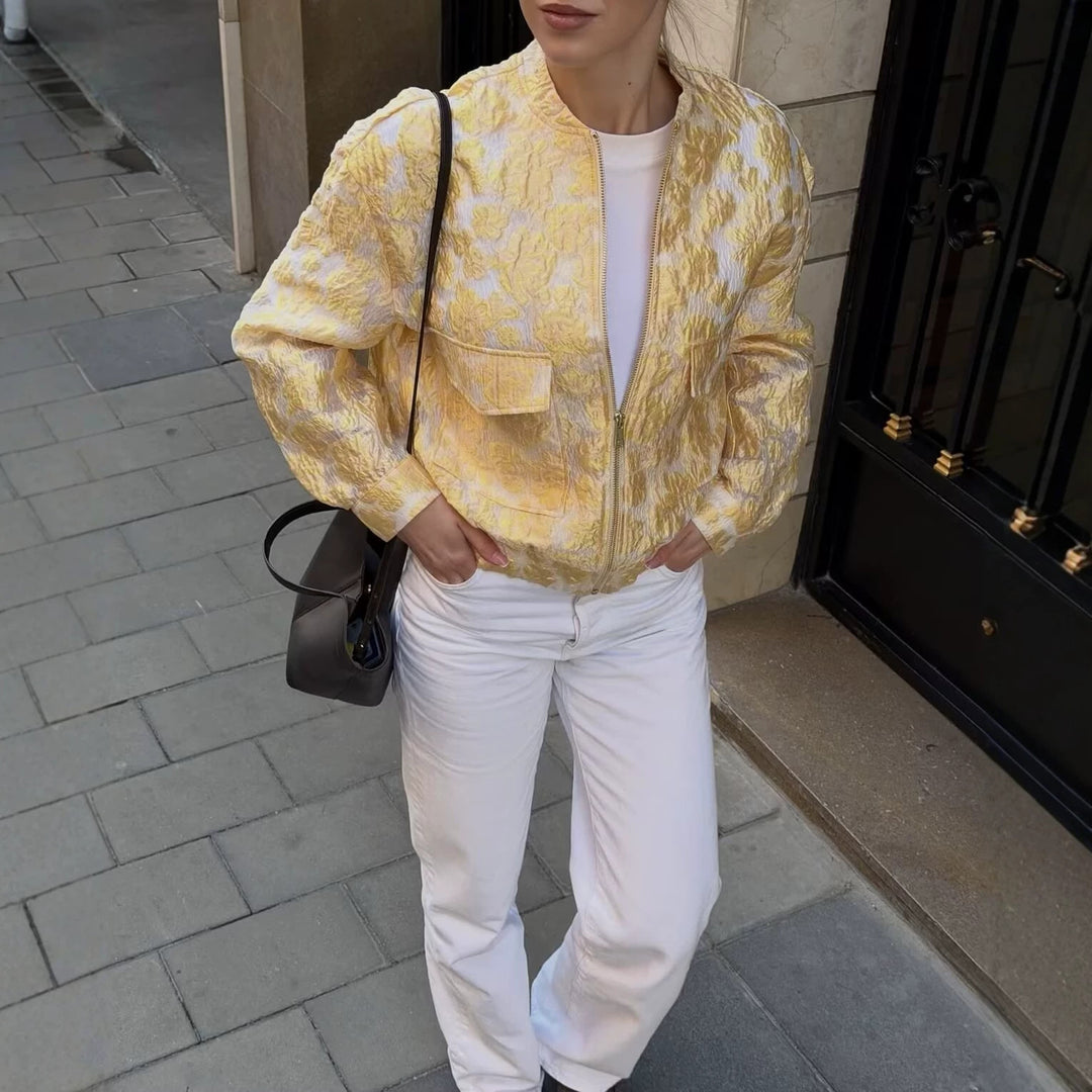 Women's Jacquard Bomber Jacket in Cropped Boxy Fit with Flap Pockets Mune Fashion