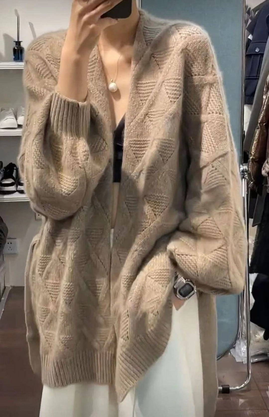 Women's Oversized Cardigan in Mohair Look with Cable Pattern Mune Fashion