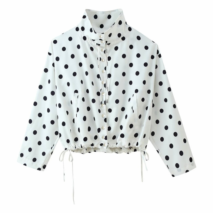 Women's Polka Dot Cropped Blouse with Stand Collar and Drawstring Hem Mune Fashion