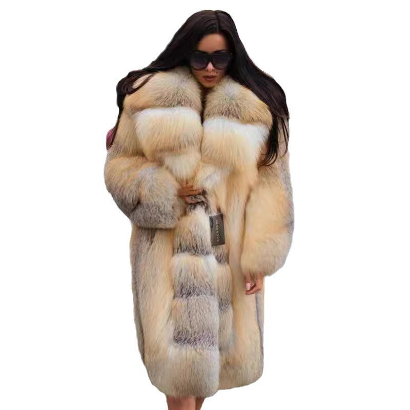 Women's Elegant and Luxurious Faux Fur Coat with Hood and Wide Collar Mune