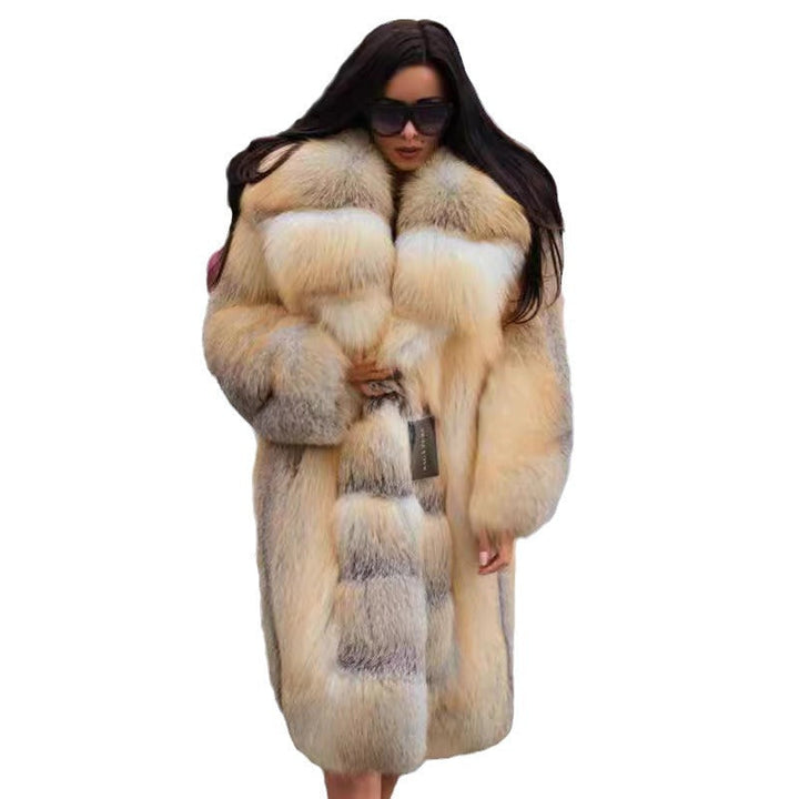 Women's Elegant and Luxurious Faux Fur Coat with Hood and Wide Collar Mune