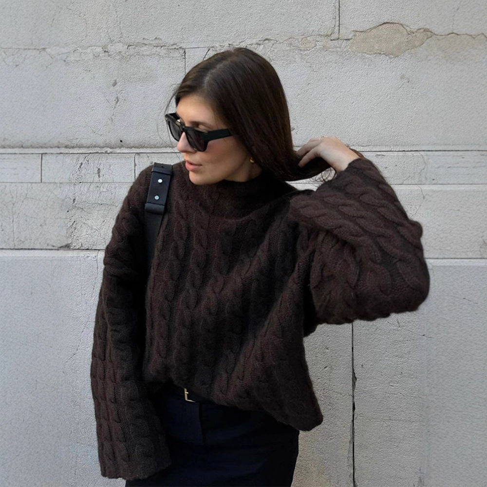 Women's Short-Cut Cable Knit Sweater with Turtleneck & Balloon Sleeves Mune Fashion