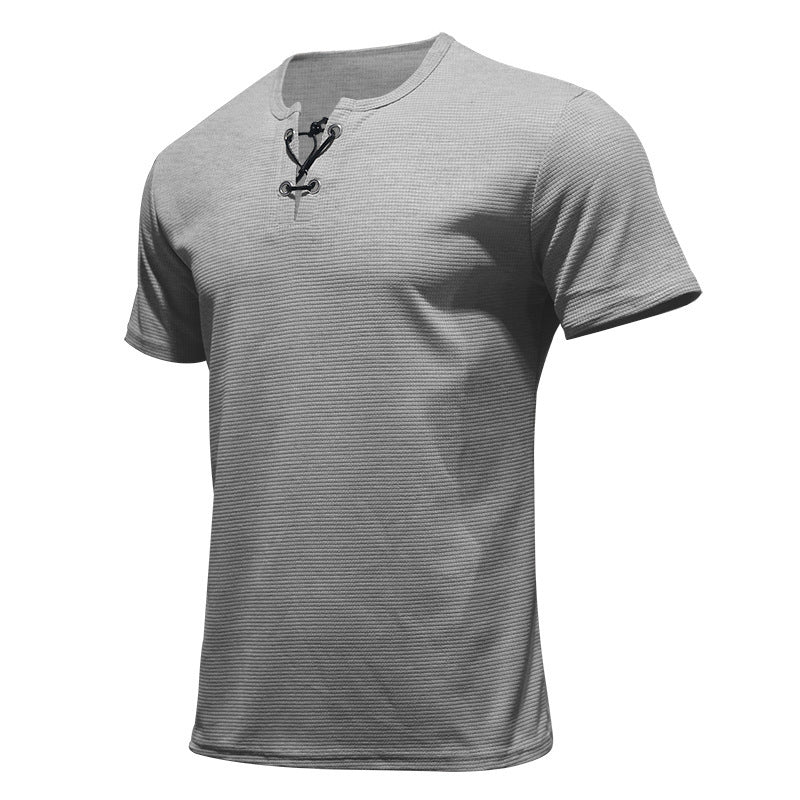 Men's short-sleeve shirt with lace collar, metal eyelets, and fine structured jersey Mune Fashion