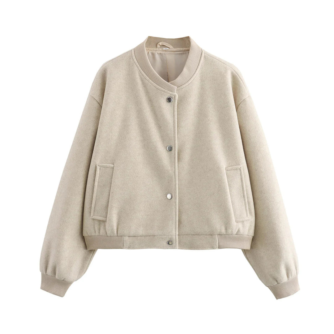 Women nan cropped boxy bomber jacket made of soft velvet imitation with ribbed cuffs and concealed snap button placket Mune Fashion
