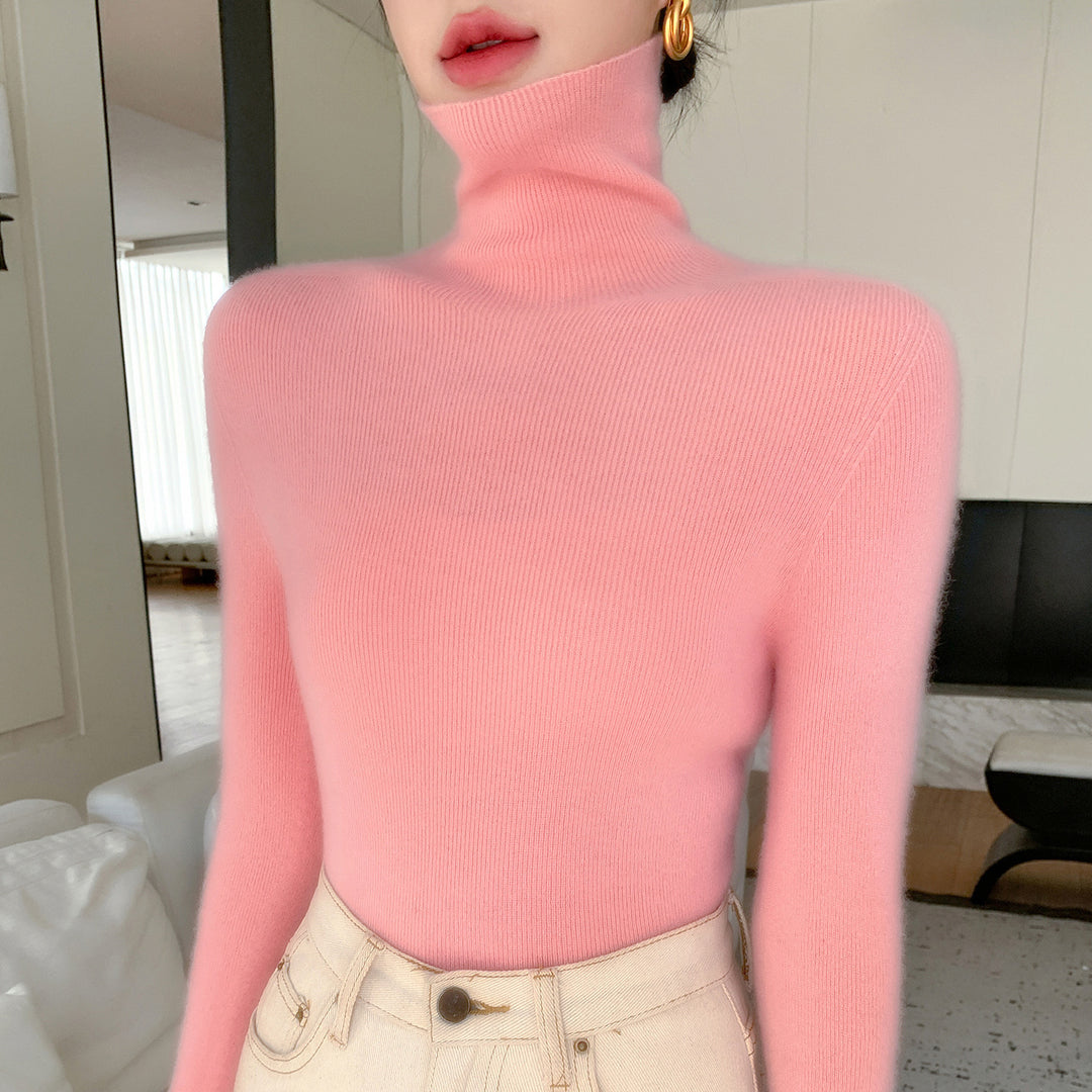 Women Slim Fine Knit Sweater with High Roll Neck and Fine Rib Structure Mune Fashion