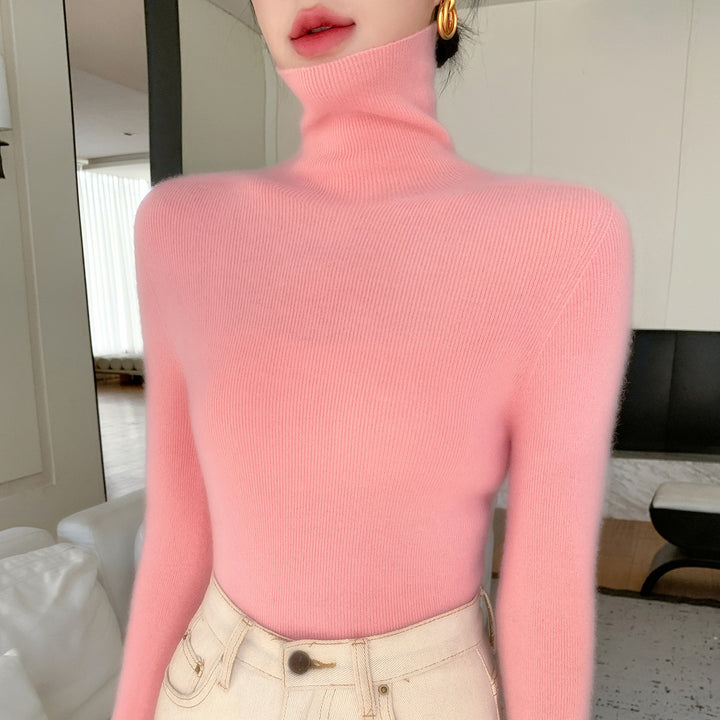 Women Slim Fine Knit Sweater with High Roll Neck and Fine Rib Structure Mune Fashion