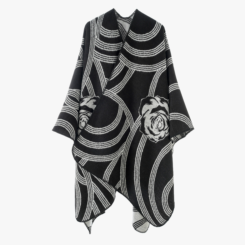 Women's Jacquard Cape Poncho with Rose Motif and Open Front Mune Fashion