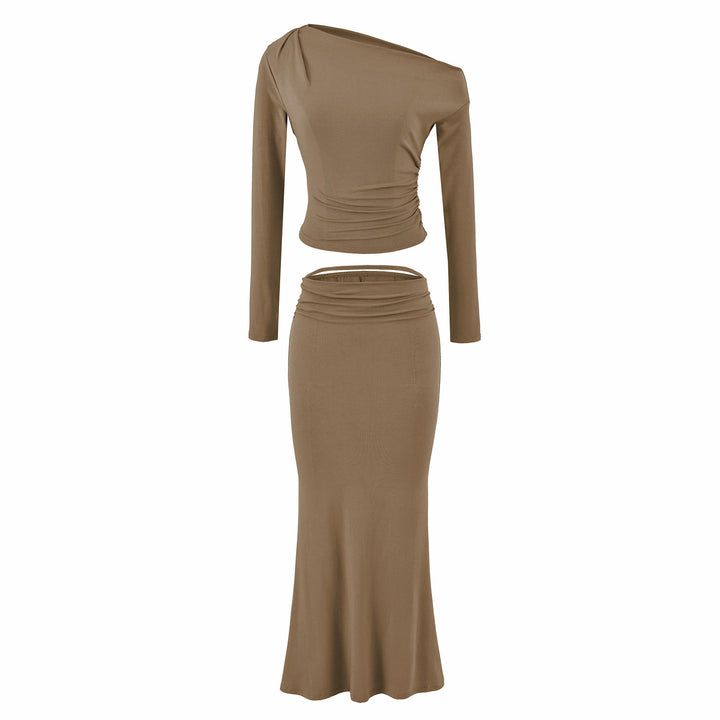 Women's One-Shoulder Two-Piece Set with Ruched Crop Top and Fitted Maxi Skirt Mune Fashion