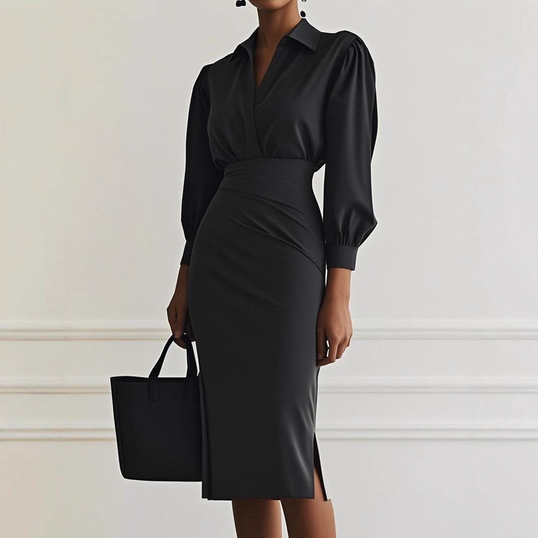 Ladies Elegant Wrap Dress with Sophisticated Collar and Tailored Silhouette Mune