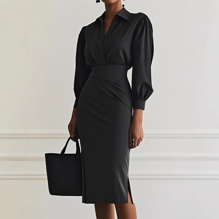 Ladies Elegant Wrap Dress with Sophisticated Collar and Tailored Silhouette Mune