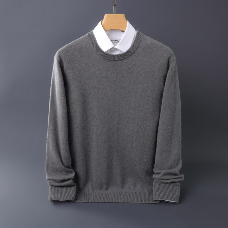 Men's Fine Round Neck Knit Sweater in Cashmere Look with Ribbed Cuffs Mune Fashion
