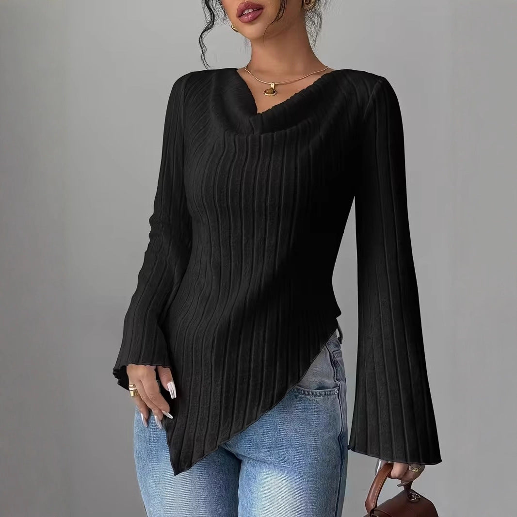 Women Asymmetrical Ribbed Fine Knit Sweater with V-Neck Mune Fashion