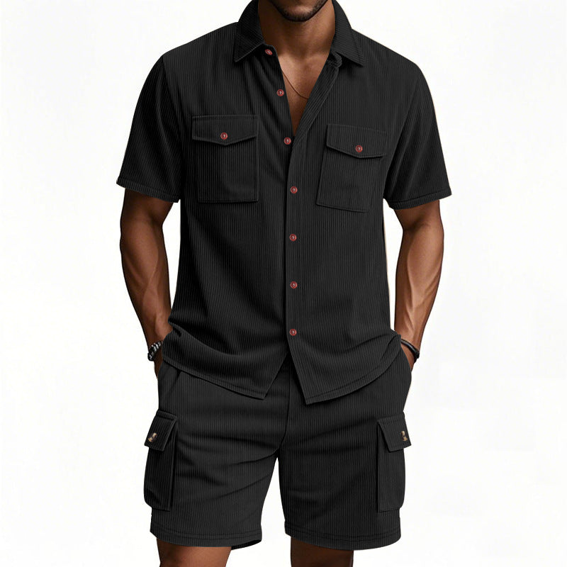 Men's structured short-sleeve shirt and bermuda set with flap pockets and elastic waistband Mune Fashion