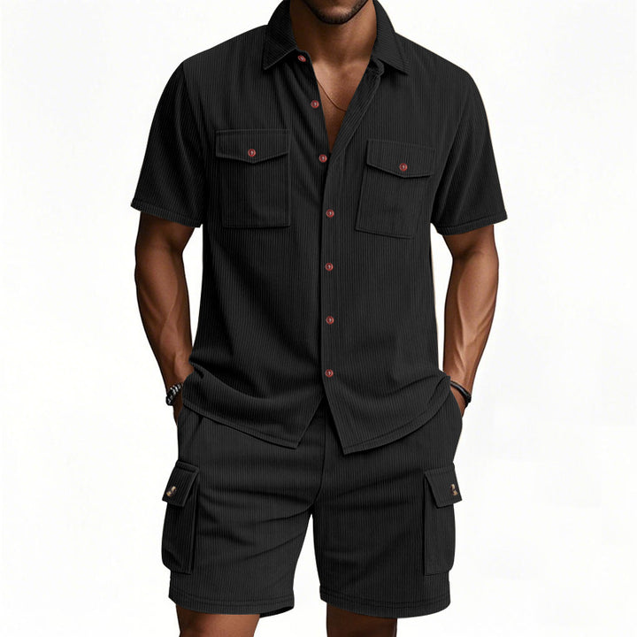 Men's structured short-sleeve shirt and bermuda set with flap pockets and elastic waistband Mune Fashion