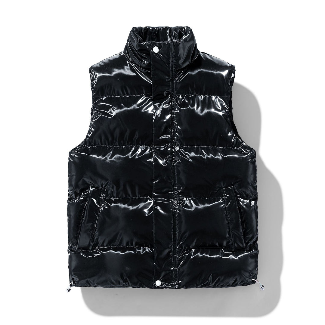 Women's Shiny Quilted Puffer Vest with High Stand-Up Collar and Drawstring Mune Fashion
