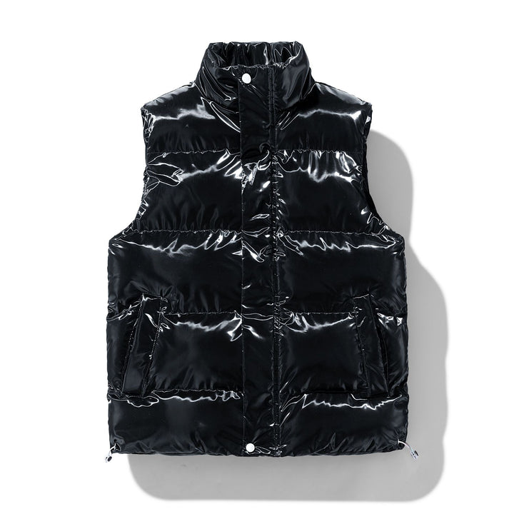 Women's Shiny Quilted Puffer Vest with High Stand-Up Collar and Drawstring Mune Fashion