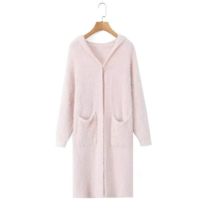 Women Longer fluffy hooded cardigan with patch pockets and open front Mune Fashion