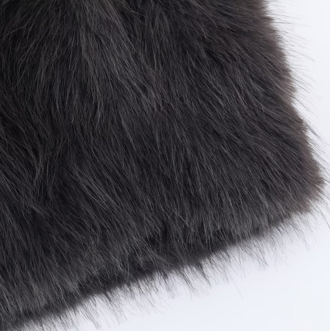 Women's Short Faux Fur Jacket with Stand Collar and Boxy Cut Mune Fashion