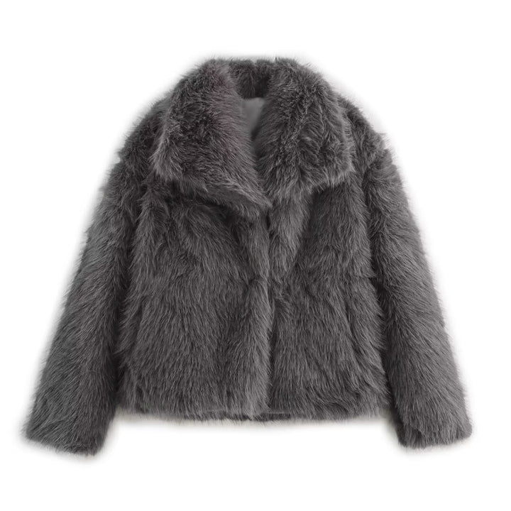 Women short cut boxy faux fur coat with shawl collar Mune Fashion