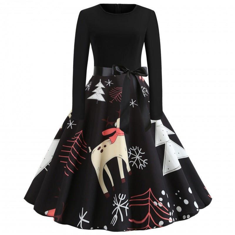 Ladies festive A-line dress with Christmas reindeer print and satin waist ribbon Mune Fashion