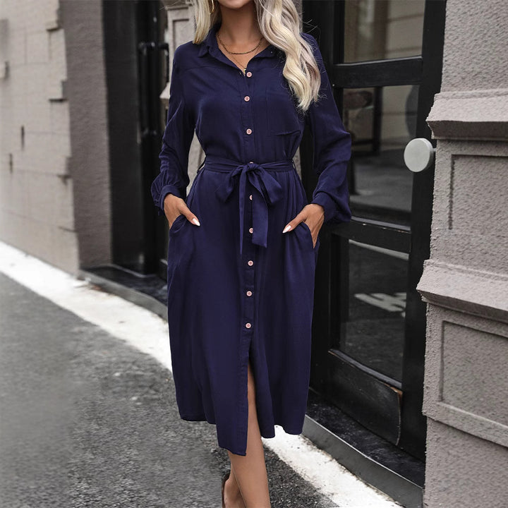 Women's midi dress in shirt blouse style with tying belt, concealed button placket, and high side slit Mune Fashion