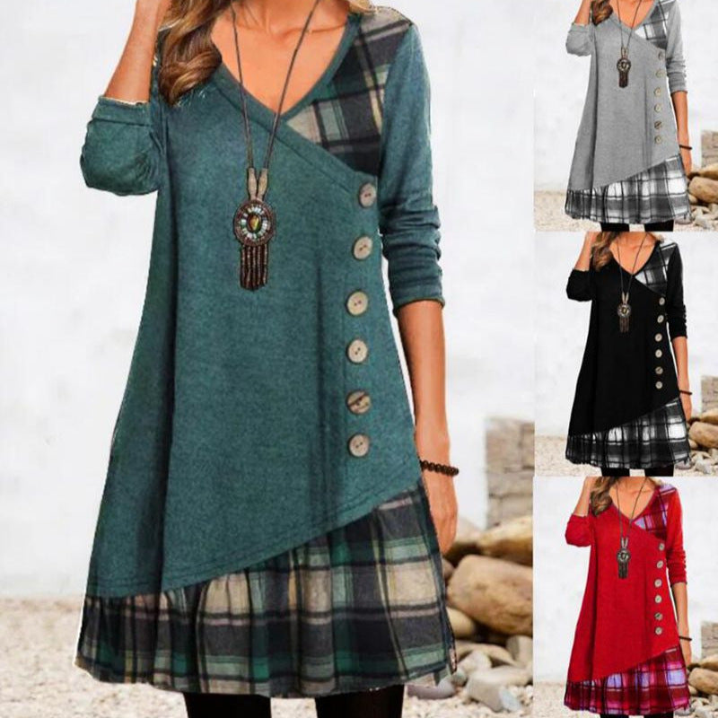 Women's asymmetrical V-neck tunic dress with decorative button placket and animal print trim Mune Fashion