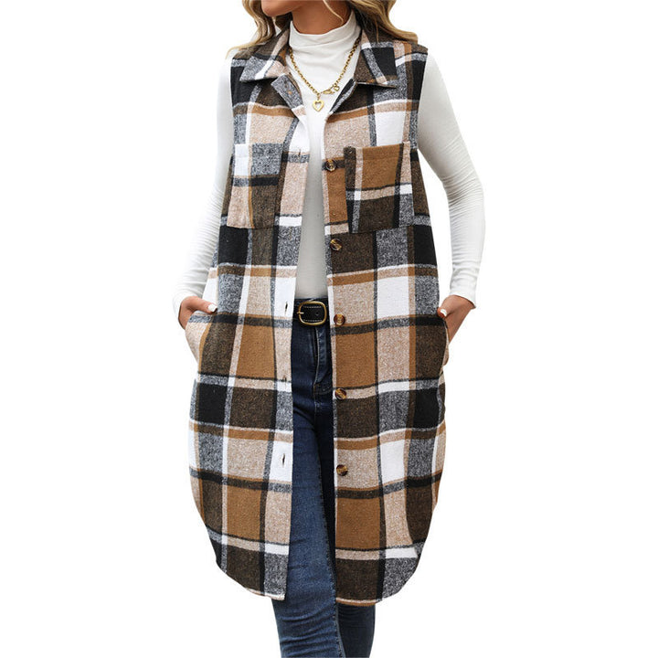 Ladies Long Gilet with Check Pattern Mune Fashion