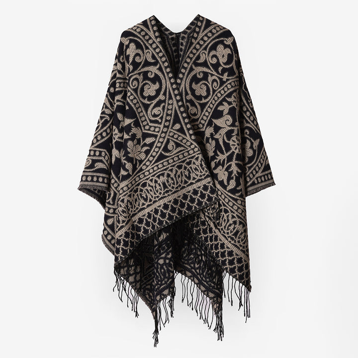 Women's coarse-woven rectangular poncho with oriental medallion jacquard and decorative fringed hem Mune Fashion