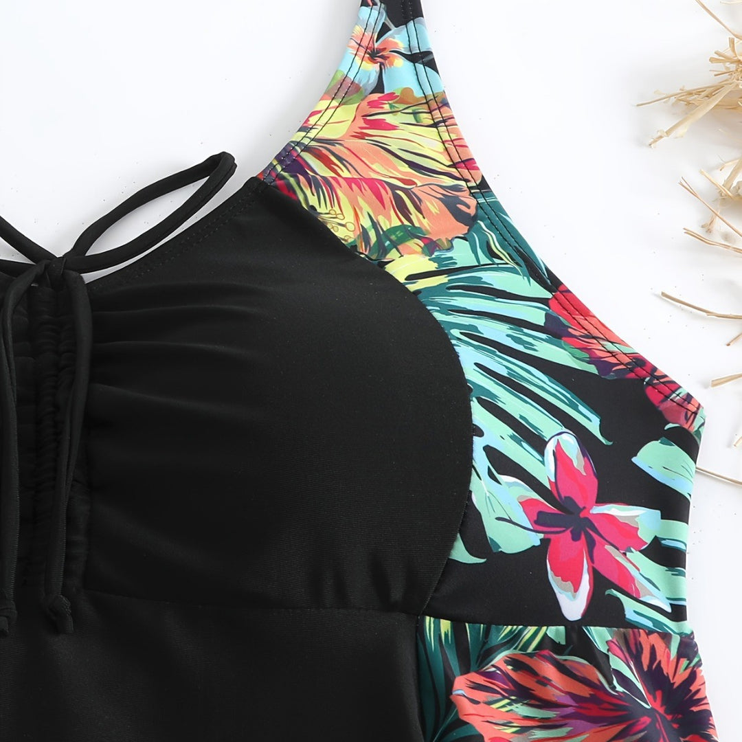 Women's Sporty Swimsuit Set with Floral Side Insert Mune Fashion